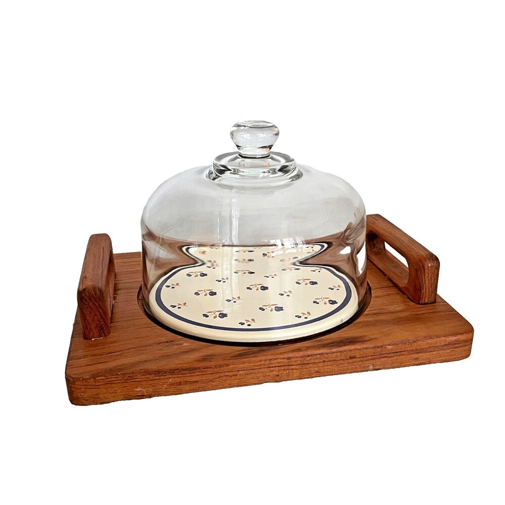 Vtg Goodwood Teak Cheese Cracker Tray Charcuterie Board Glass Cloche Blue Floral